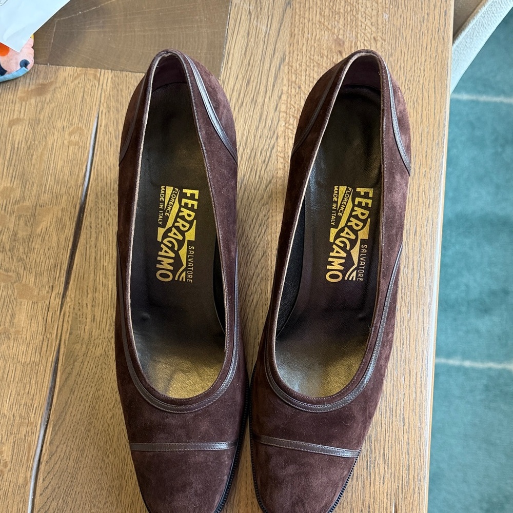 Salvatore Ferragamo Dark Brown Suede Round-Toe Pumps